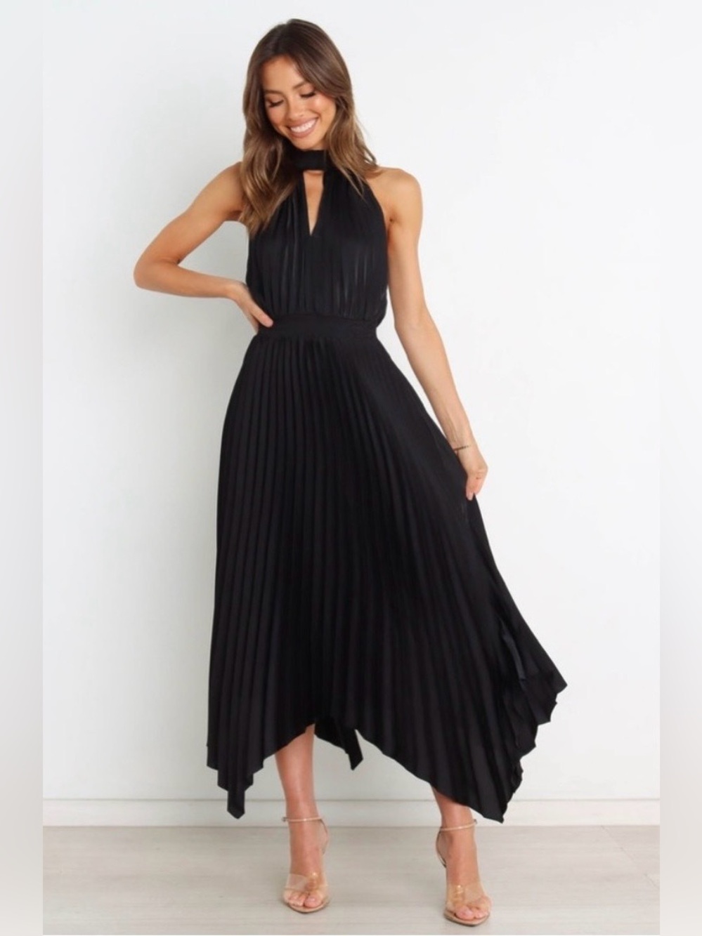 Petal & Pup Dominique Pleated Halter Satin Midi Dress in Black, Size 2